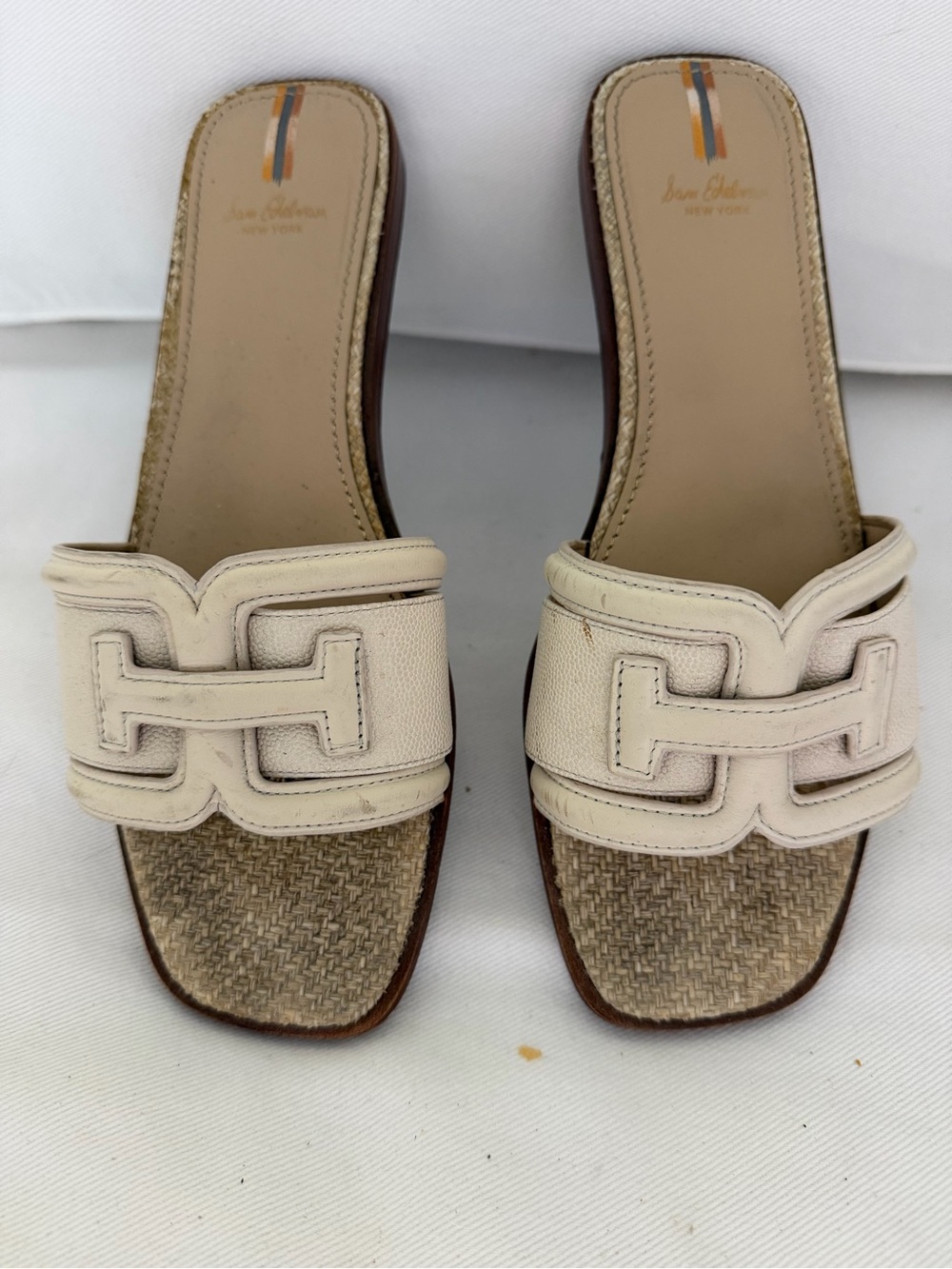 Sam Edelman Cream Leather & Woven Slide Mules